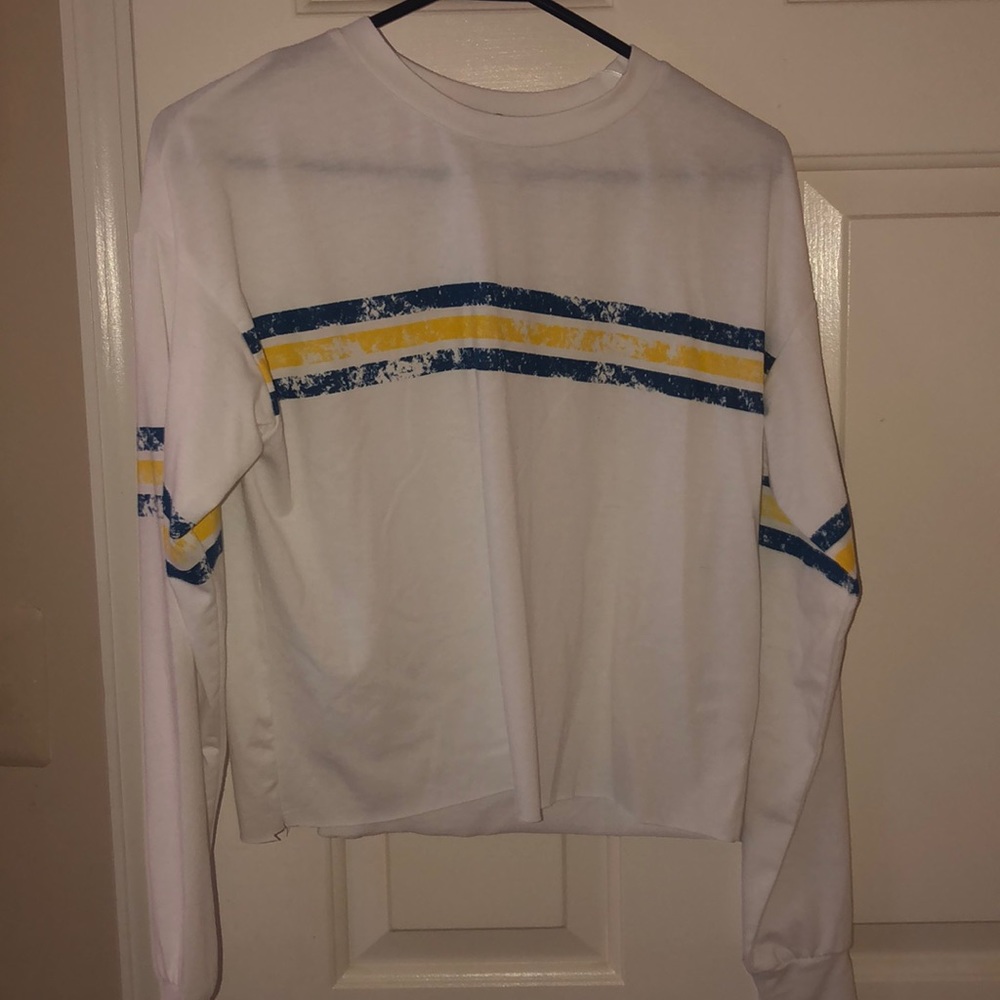 White with blue and yellow stripe long sleeve